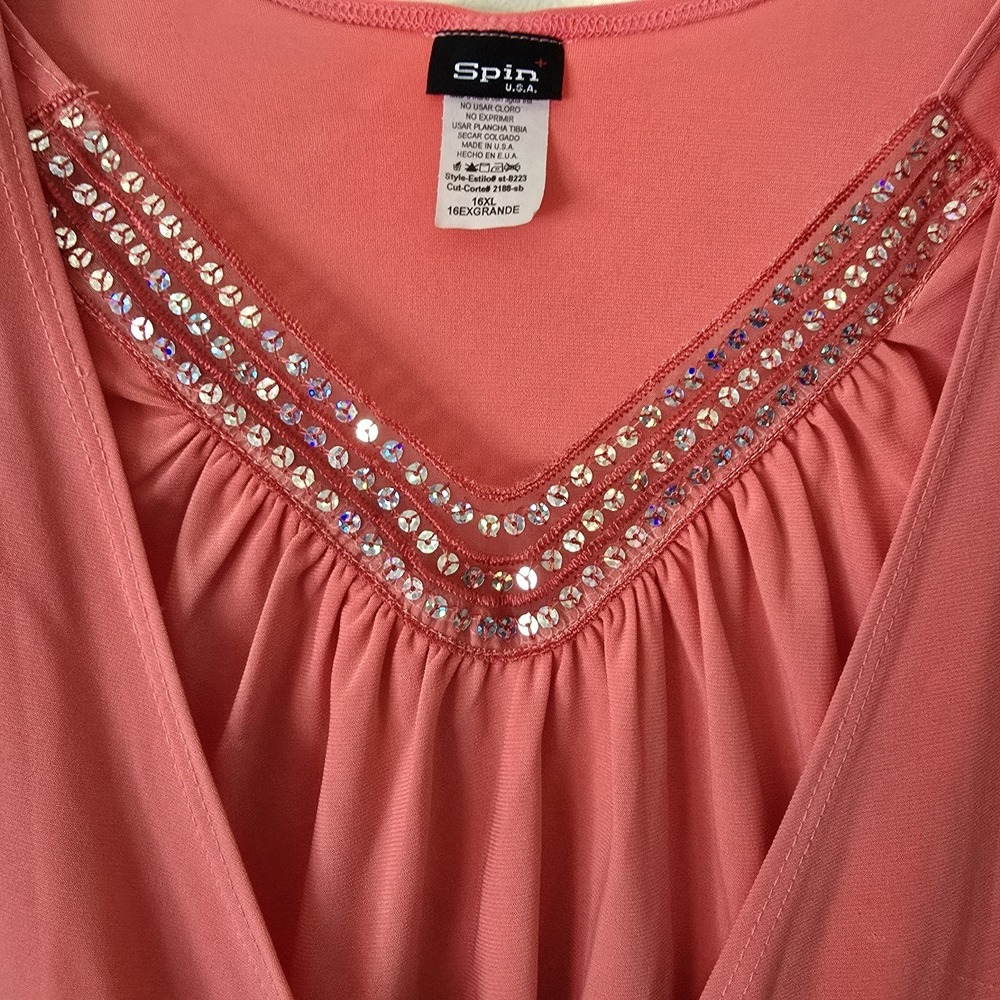 Spin Faux Wrap Top Womens XL V-Neck Coral Y2k 90s Ruched Coquette Bling USA Made - Picture 3 of 7